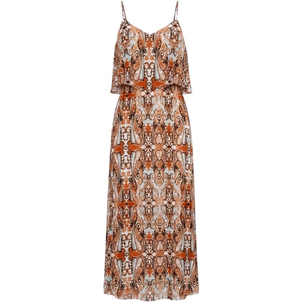 Vintage Tanner 100% Silk Paisley Slip Dress Size 2 Orange Brown Boho